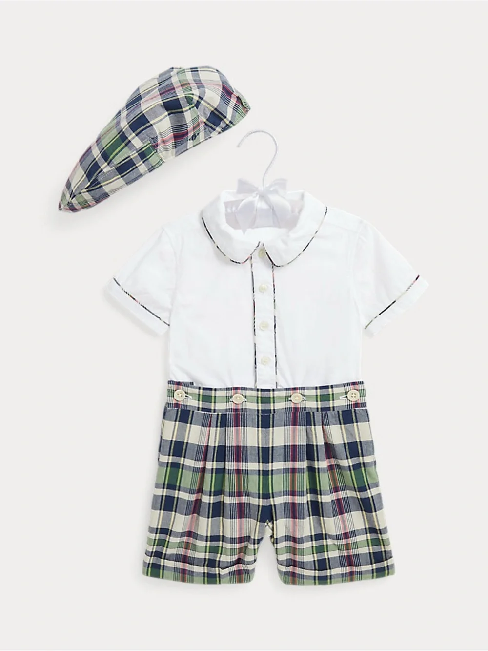 Ralph Lauren Baby Boy Cotton Shirt, Madras Short & Cap Set